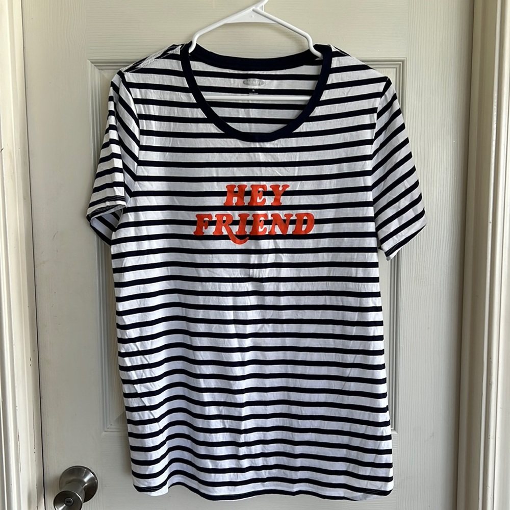 Old Navy “Hey Friend” Tee - Navy & White Stripes with Orange Writing Sz XL